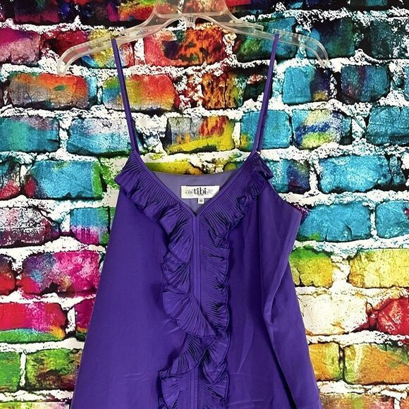 Tibi Purple 100% Silk V-Neck Ruffle Spaghetti Strap Dress 10 - Picture 3 of 11
